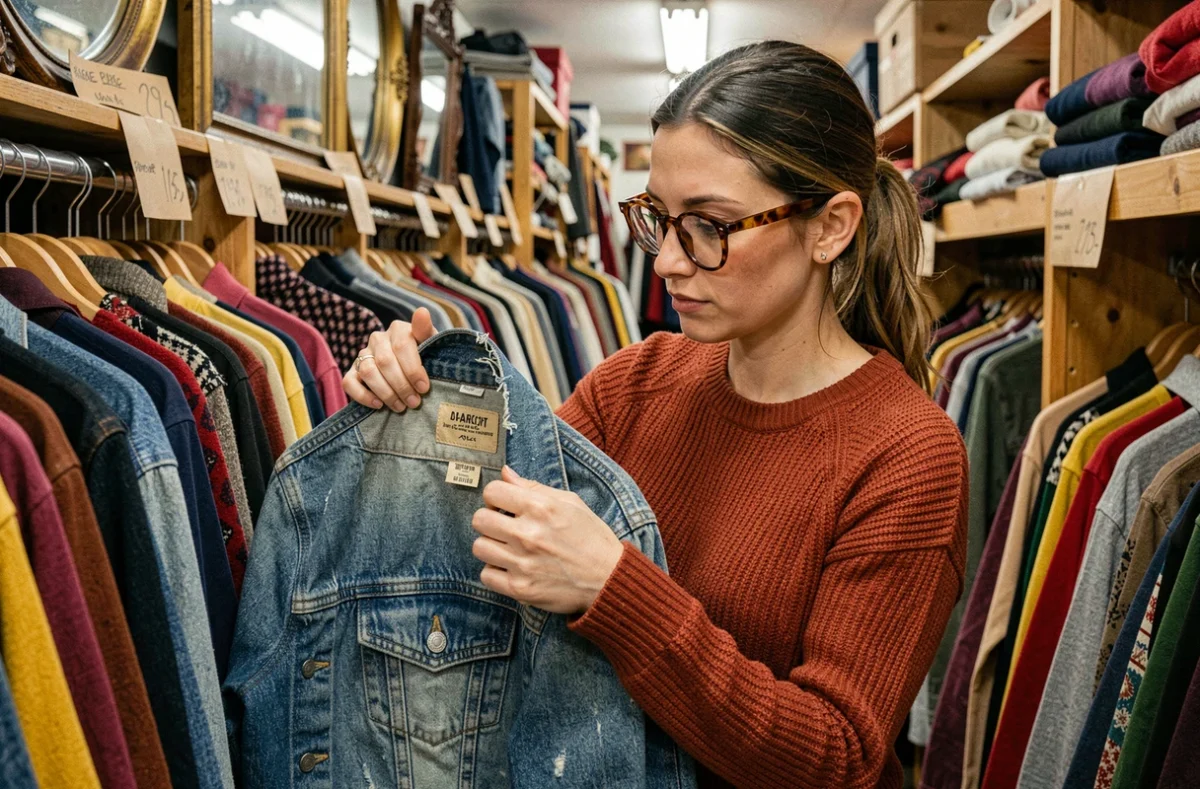 Femme inspectant l'étiquette d'une veste en jean vintage dans une friperie, gros plan sur les détails de couture