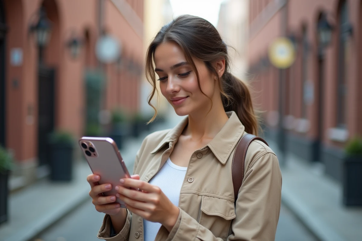 Femme tenant un iPhone 14 Plus avec une coque transparente dans un cadre urbain extérieur