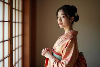 Femme japonaise en kimono traditionnel dans une pièce tatami