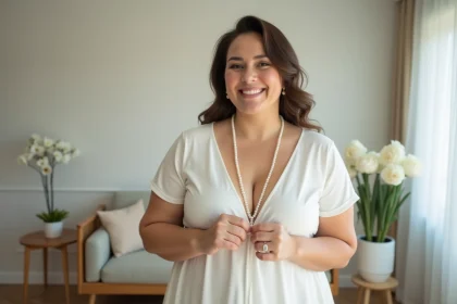 Femme plussize souriante ajustant un collier de perles