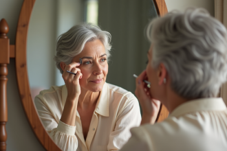 Femme mature appliquant un fard à paupières brillant