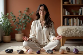 Femme méditant entourée de pierres précieuses protectrices amethyste quartz rose et obsidienne dans un intérieur scandinave chaleureux