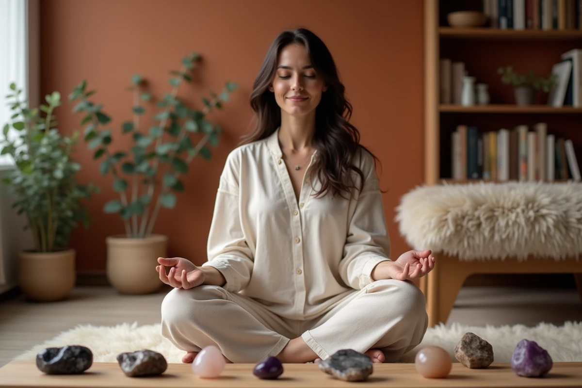 Femme méditant entourée de pierres précieuses protectrices amethyste quartz rose et obsidienne dans un intérieur scandinave chaleureux