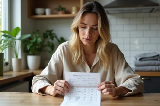 Femme compare un ruban de mesure à un tableau de tailles dans la cuisine