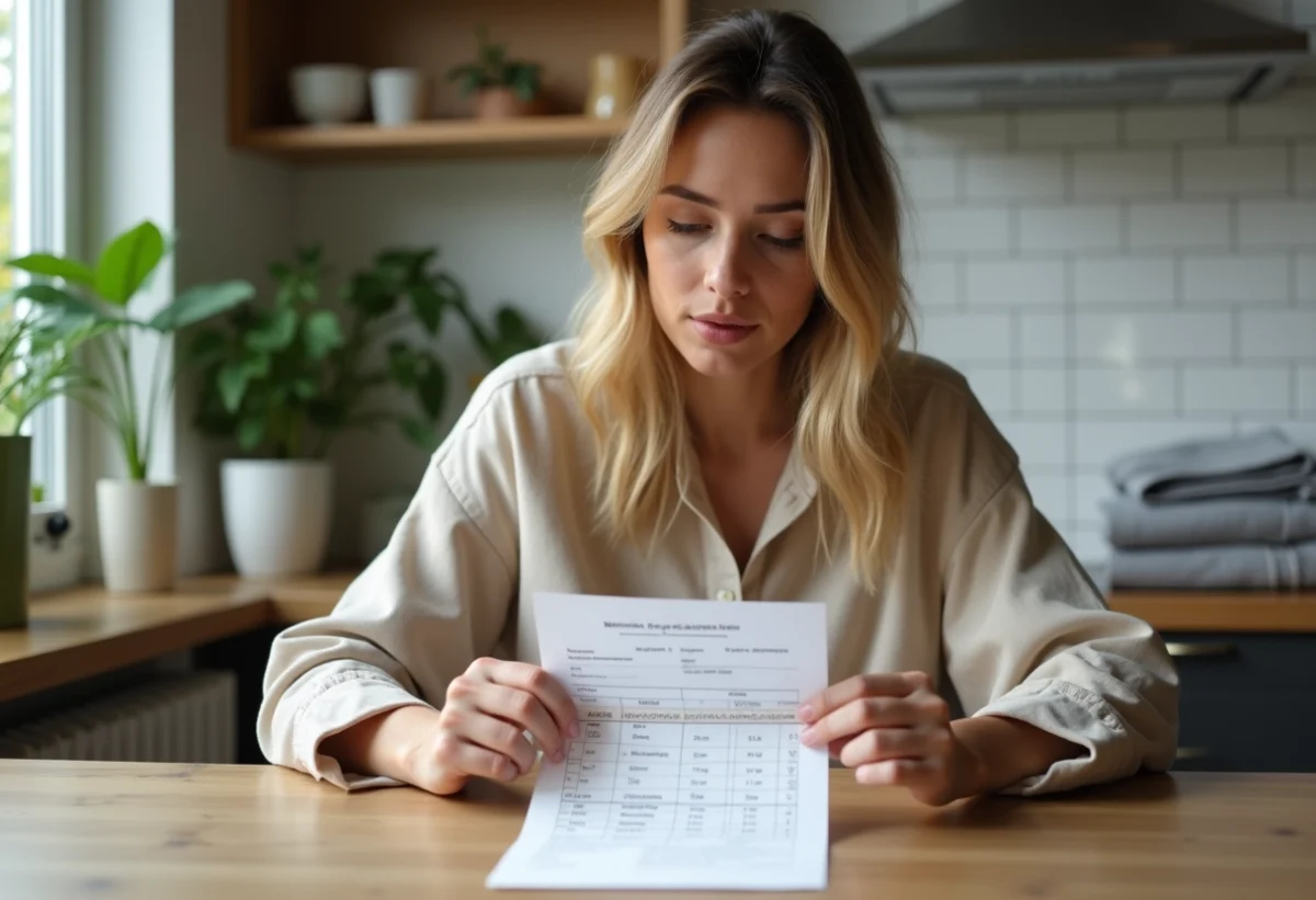 Femme compare un ruban de mesure à un tableau de tailles dans la cuisine