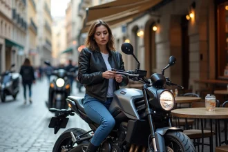 Femme en moto urbaine près d'un café avec vélo