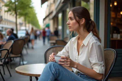Jeune femme parisienne assise au caf&eacute; contemplant la rue
