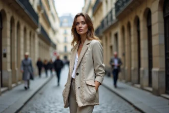 Femme élégante dans une rue parisienne avec blazer brodé