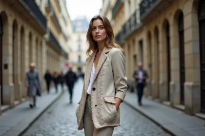 Femme &eacute;l&eacute;gante dans une rue parisienne avec blazer brod&eacute;