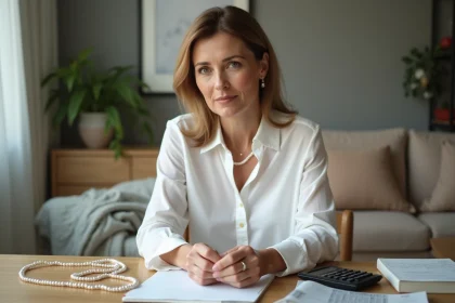 Femme &eacute;l&eacute;gante tenant des perles cultiv&eacute;es dans un int&eacute;rieur sophistiqu&eacute;