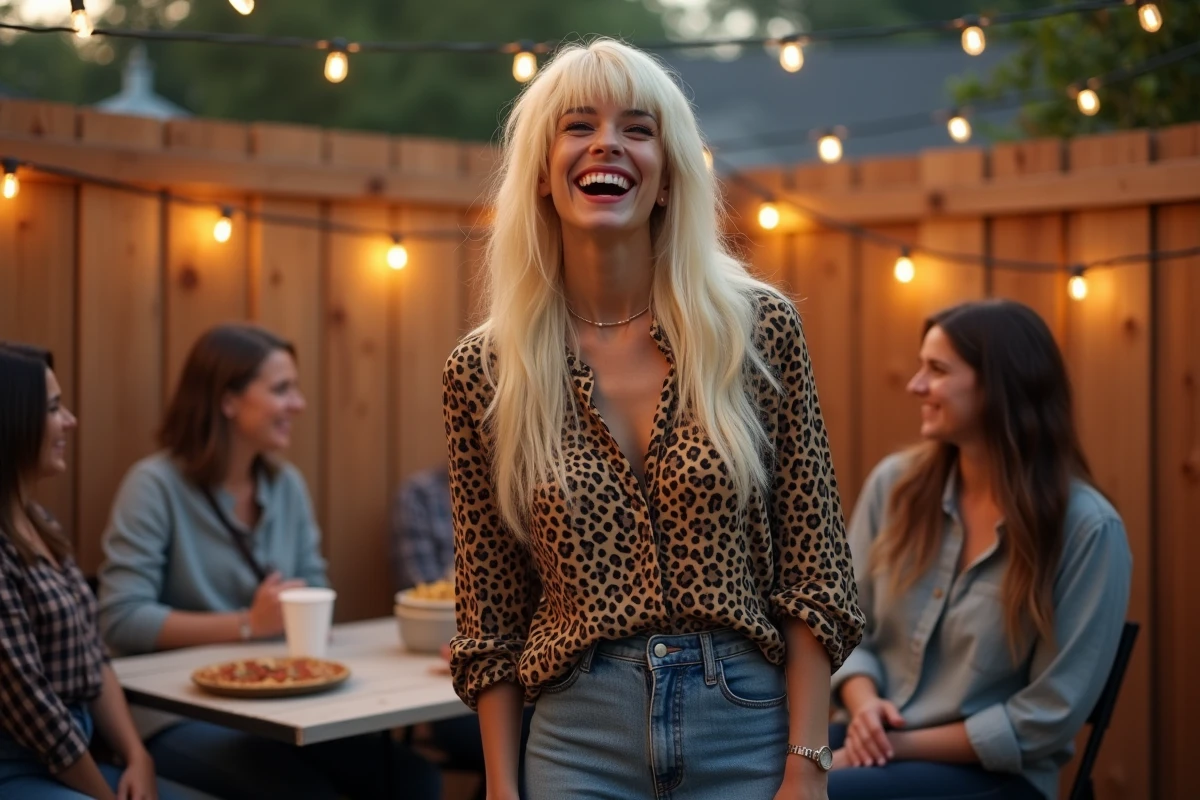 Femme en perruque mulet blonde riant lors d'une fête costumée en plein air