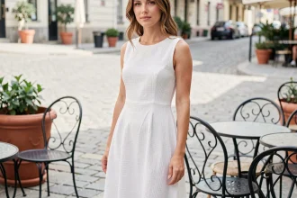Femme en robe en coton blanc impeccable sur une terrasse de café urbaine, illustrant la tenue irréprochable du tissu toute la journée
