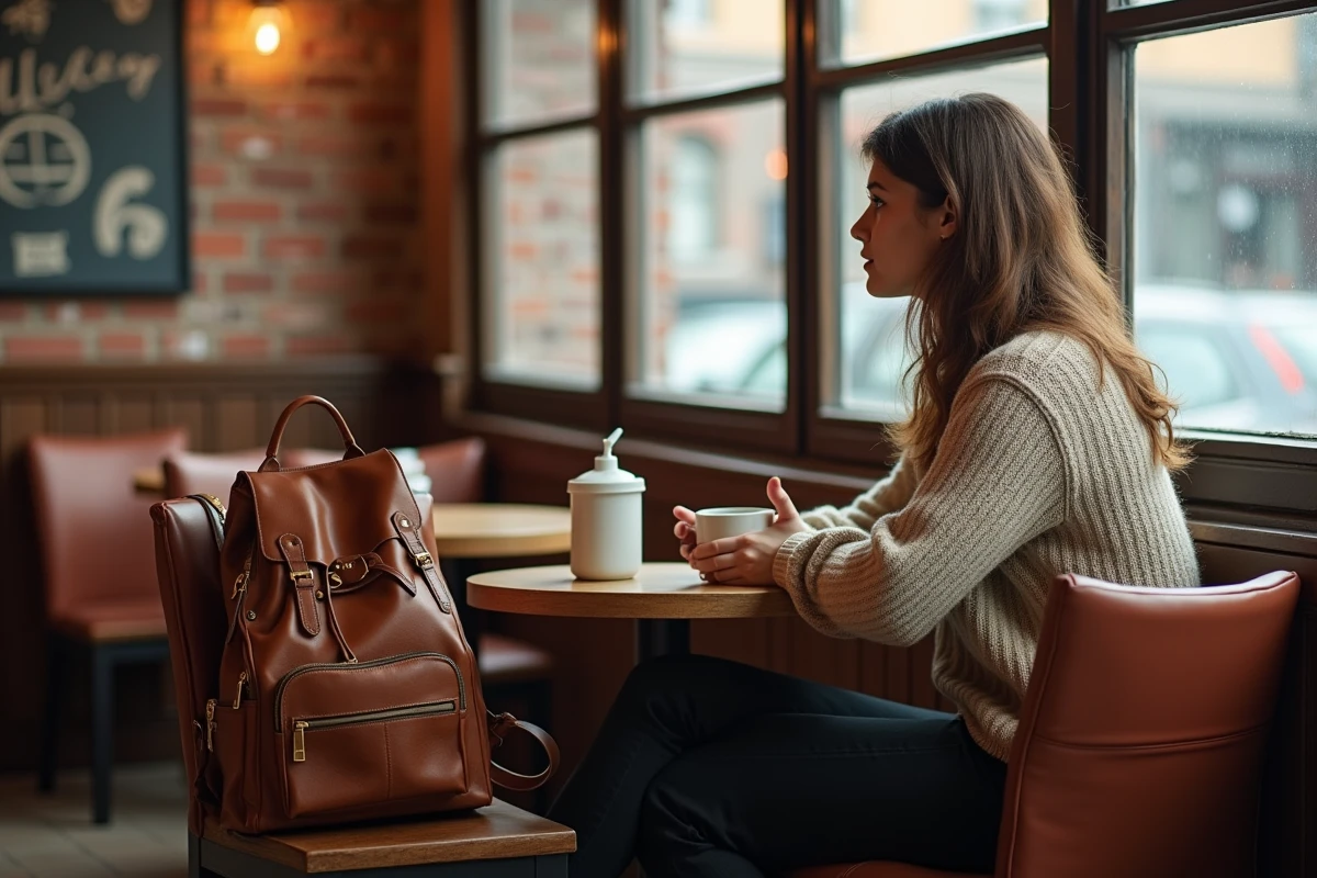 Femme assise dans un café vintage avec un sac à dos en cuir marron ancien posé sur la chaise à côté d'elle