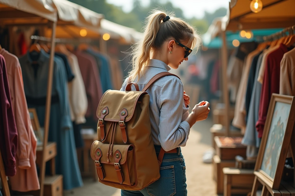 Jeune femme avec un sac à dos rétro en toile et cuir chinant dans un marché aux puces en plein air