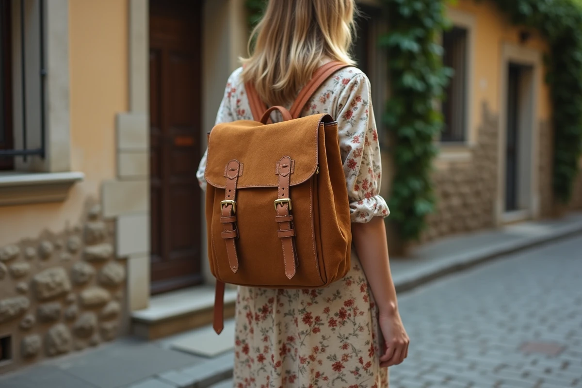 Femme portant un sac à dos vintage en daim camel avec des boucles en laiton, sur une rue pavée aux façades anciennes