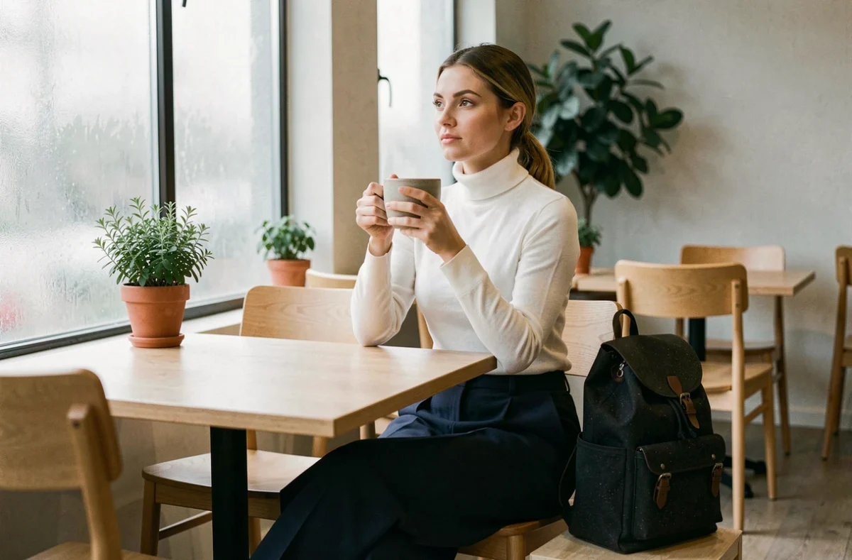 Femme assise dans un café moderne avec un sac à dos vegan en liège posé à côté d'elle