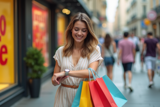 Femme souriante avec sacs de shopping en ville