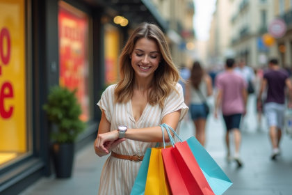 Femme souriante avec sacs de shopping en ville