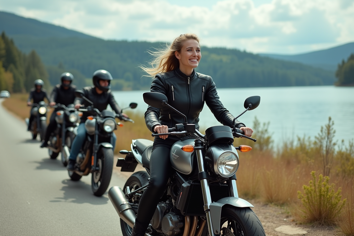 Femme en moto au bord du lac