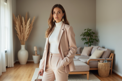 Jeune femme élégante en tailleur pastel dans un salon minimaliste