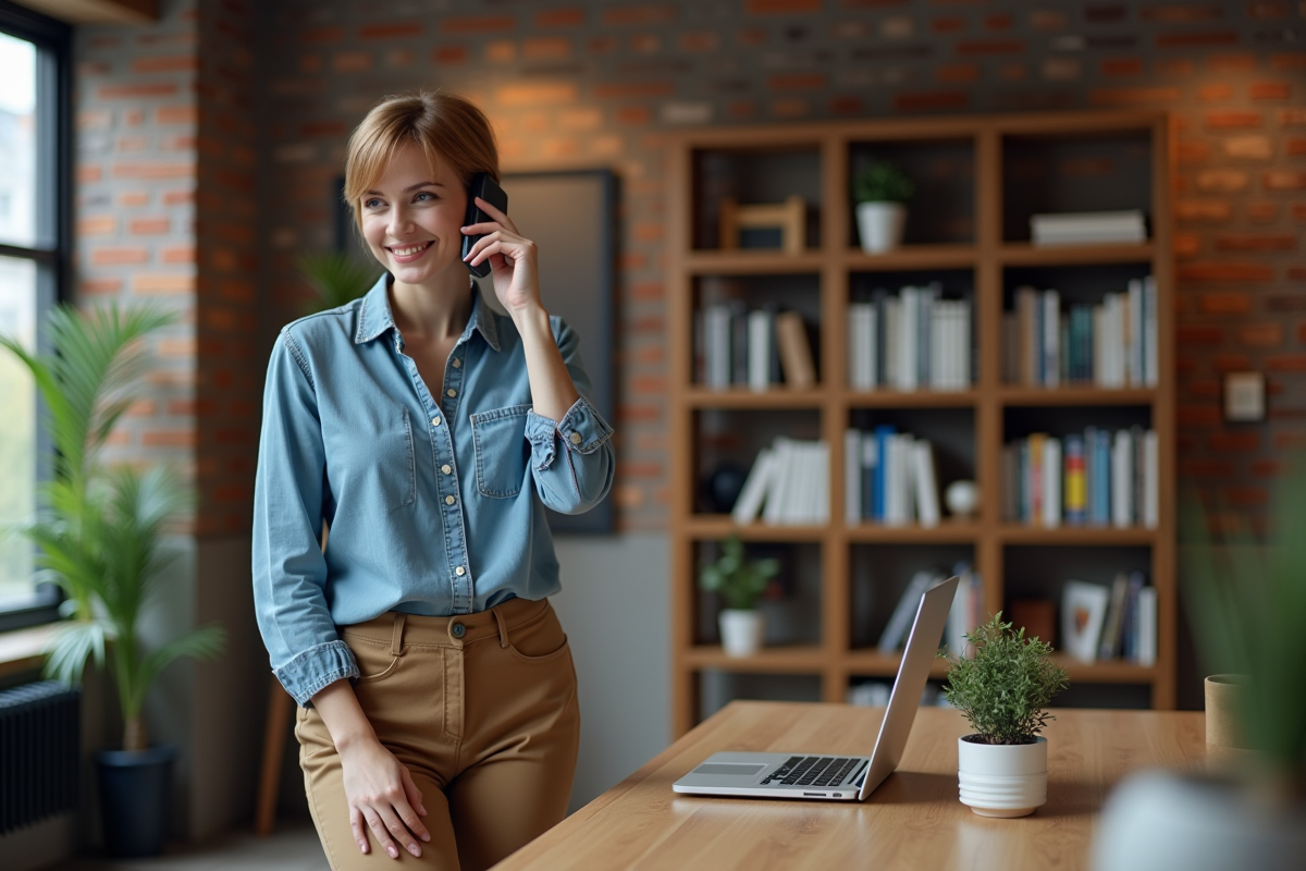 Jeune femme parlant au téléphone dans un espace de coworking