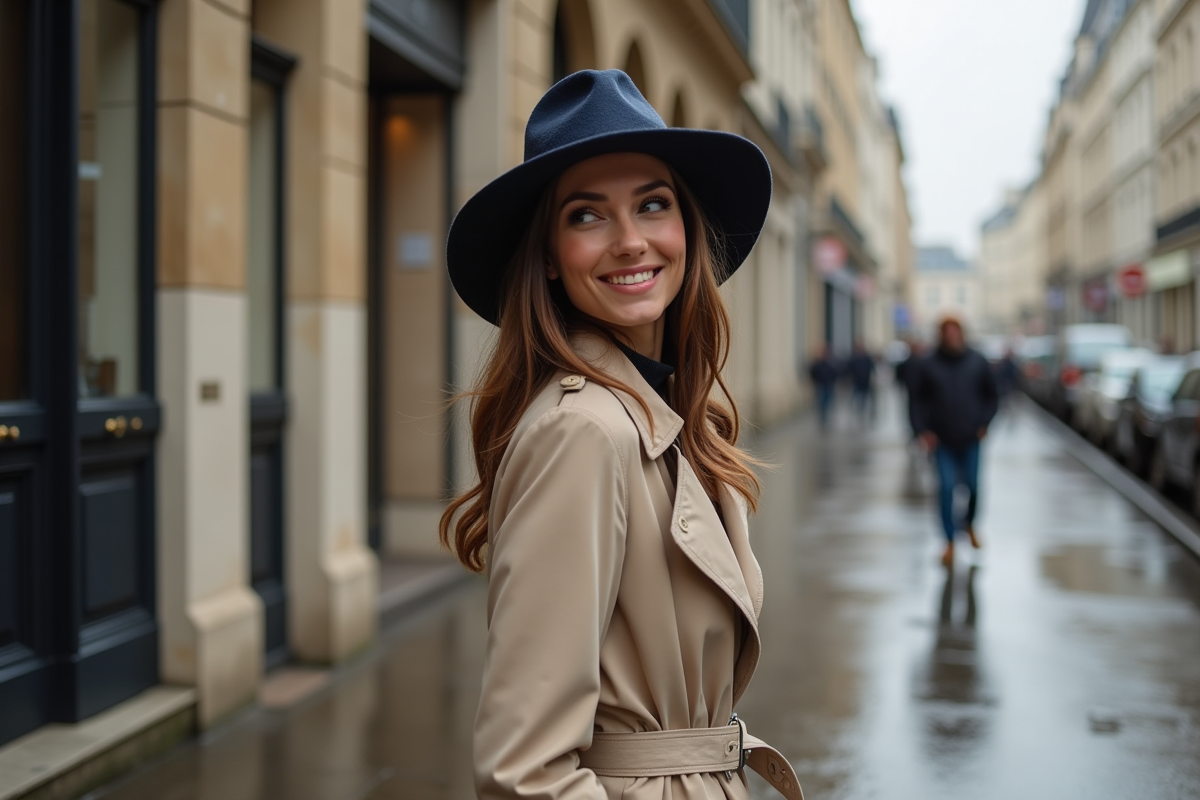 Femme élégante en trench et chapeau à Paris sous la pluie