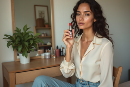 Femme examinant un rouge à lèvres dans sa chambre moderne