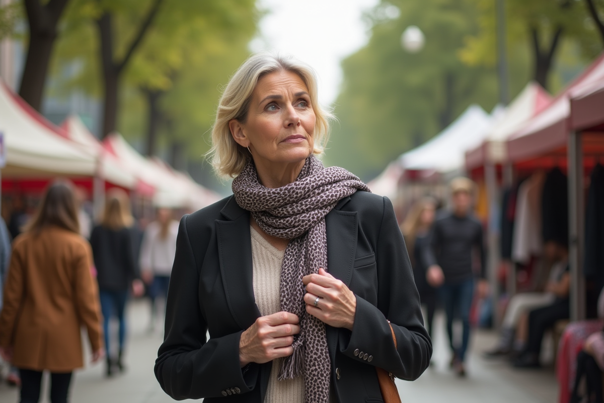 Femme mature compare vêtements sur un marché en plein air