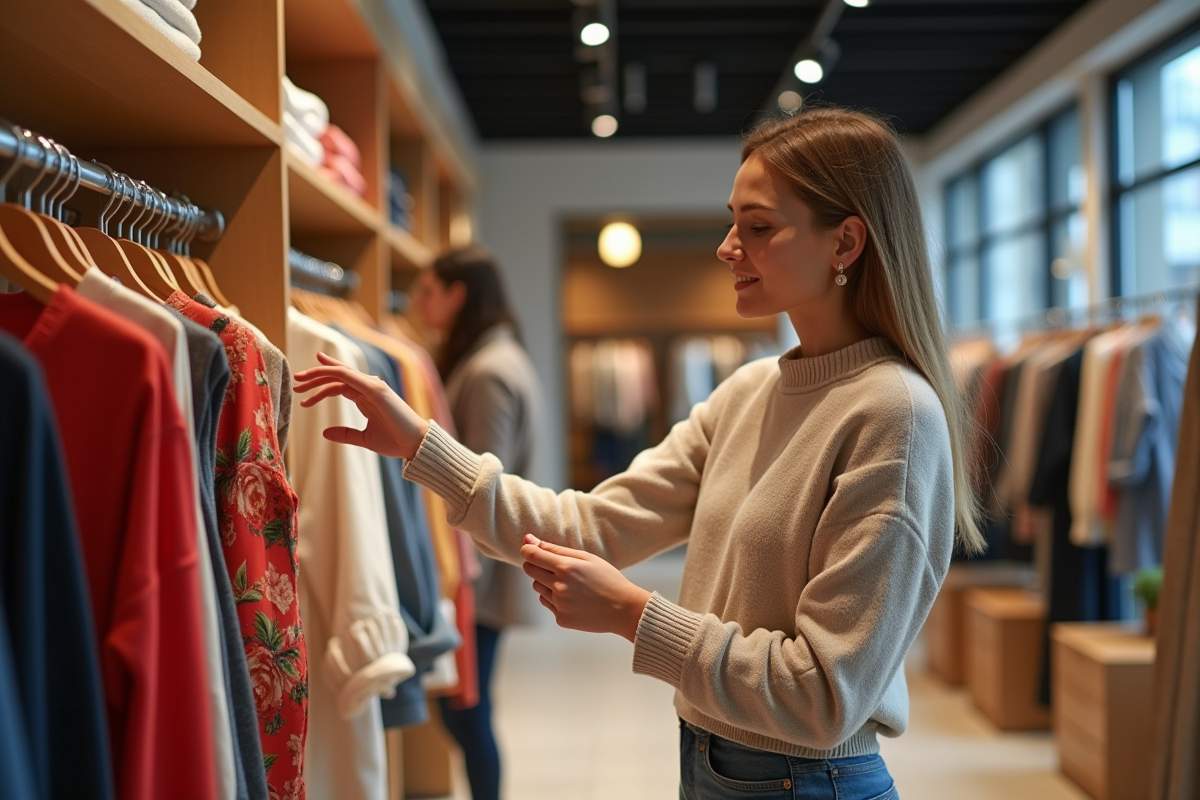 Jeune femme examine une robe dans une boutique