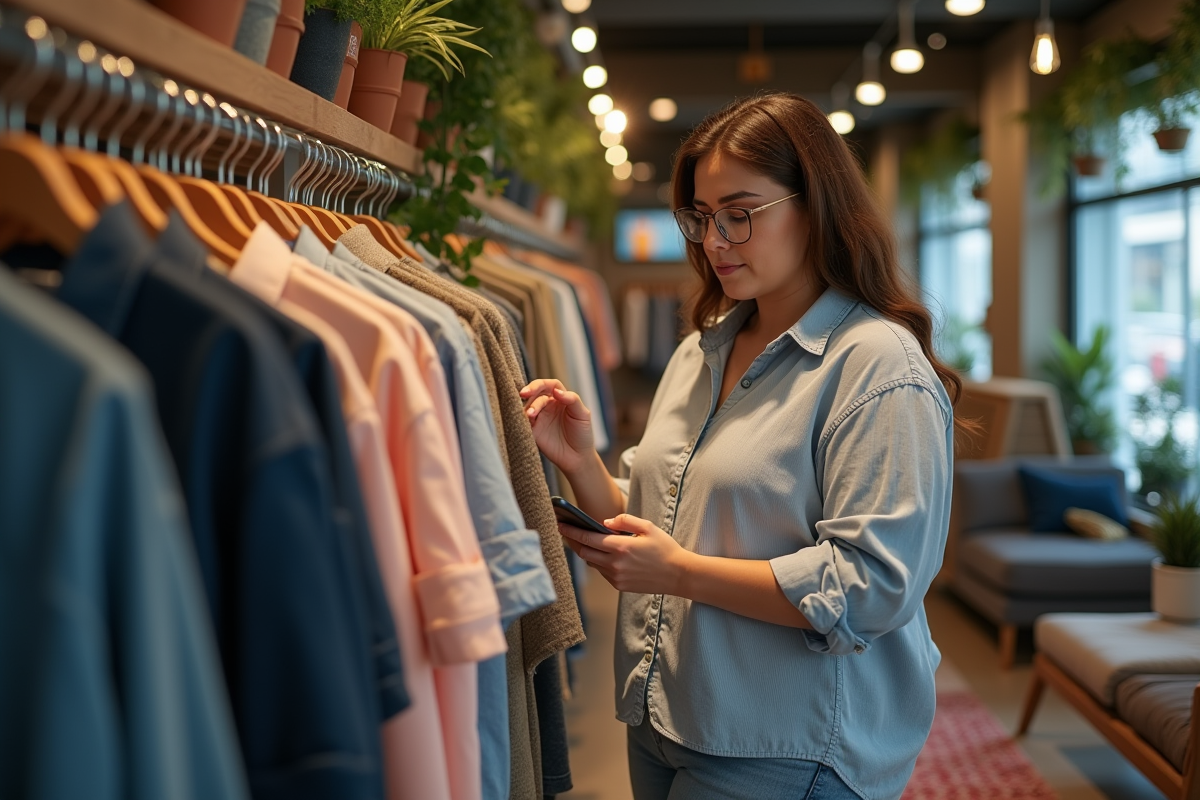 Femme grande essayant une chemise 4XL en boutique moderne