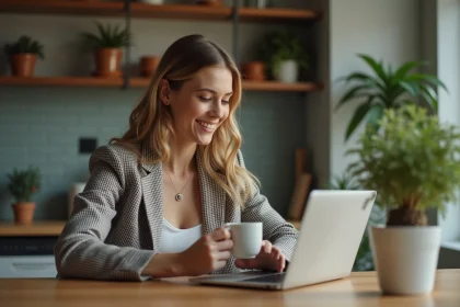 Femme en blazer &agrave; carreaux et jeans vintage sur ordinateur