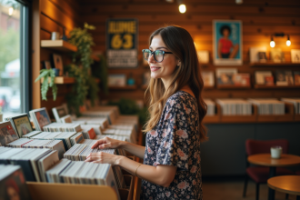 Femme en robe vintage florale dans une boutique de disques