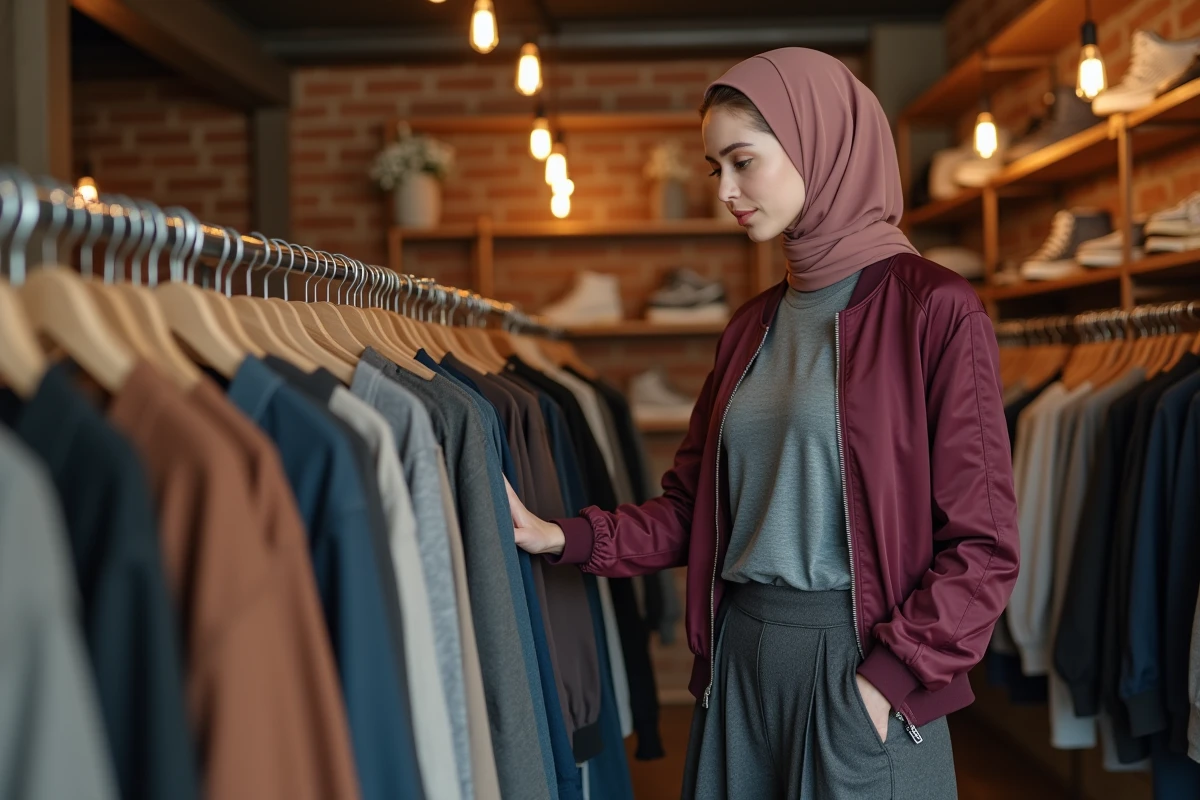 Femme voilée en tenue streetwear chic midi jupe et bomber jacket dans une boutique vintage tendance