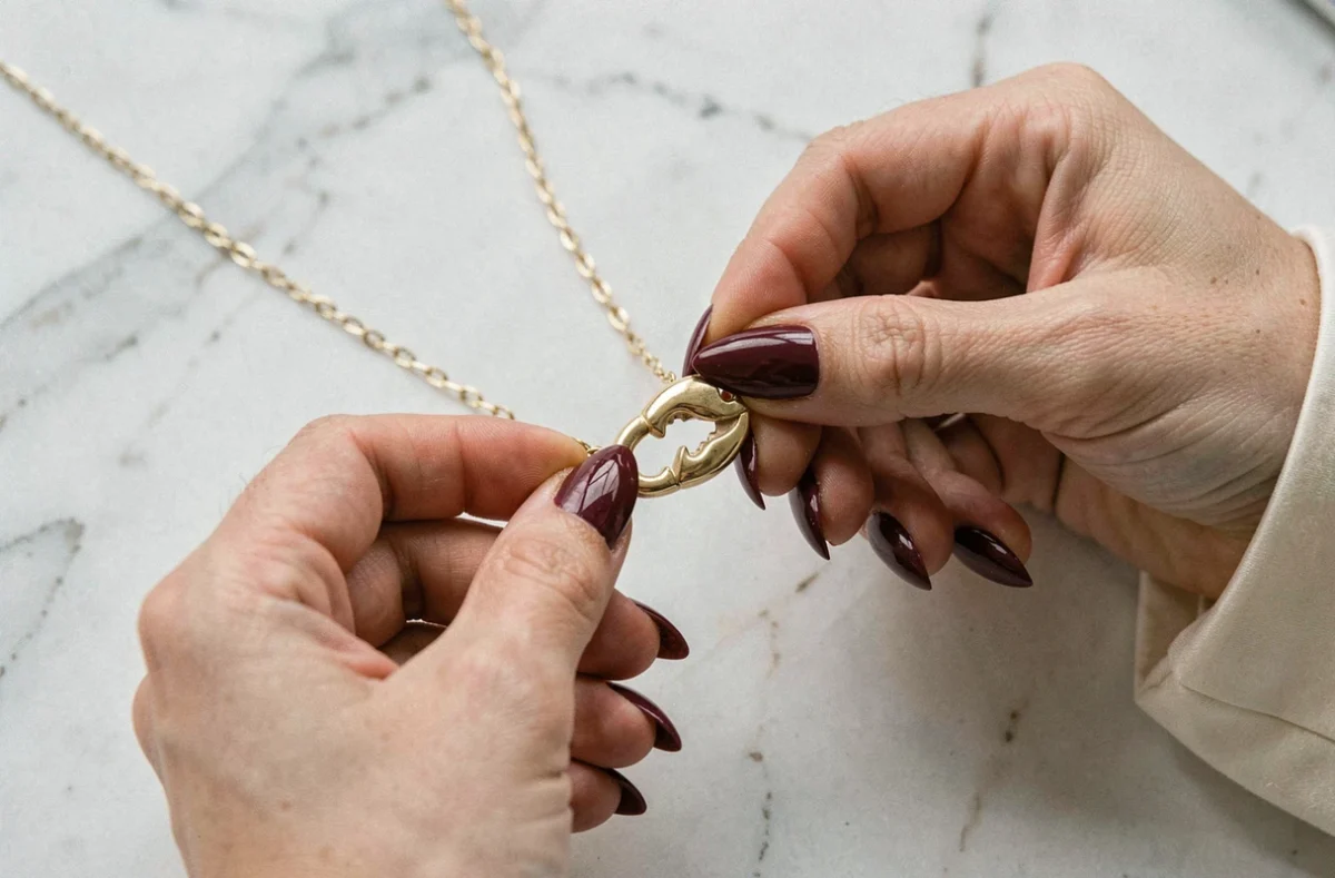 Femme aux ongles longs essayant de manipuler un fermoir mousqueton sur un collier en or, gros plan sur les mains