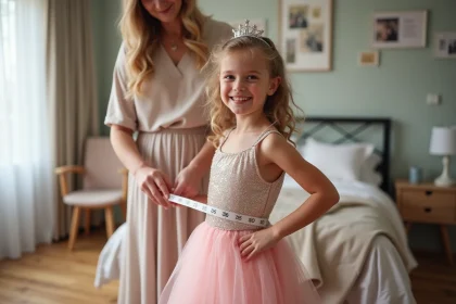 Fille de 6 ans en robe de princesse souriante avec sa m&egrave;re