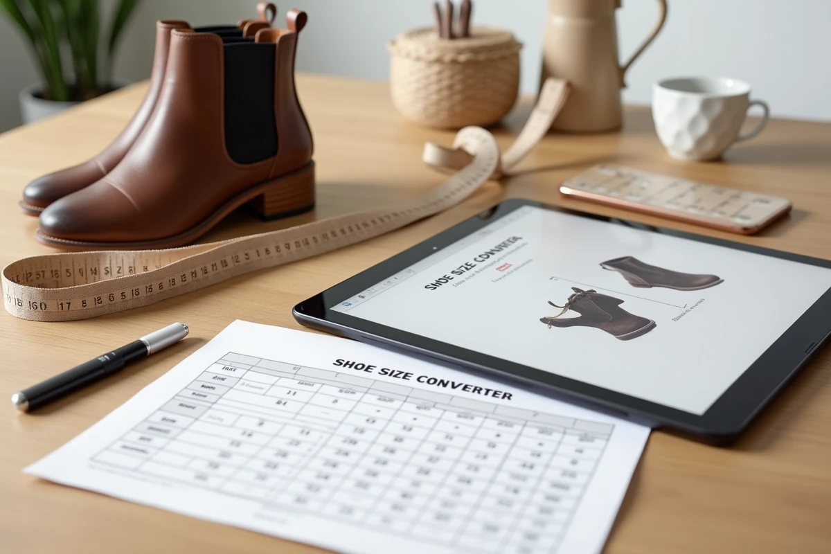 Flat-lay d'une paire de bottines, d'un mètre ruban et d'un tableau de conversion de pointures sur une table en bois