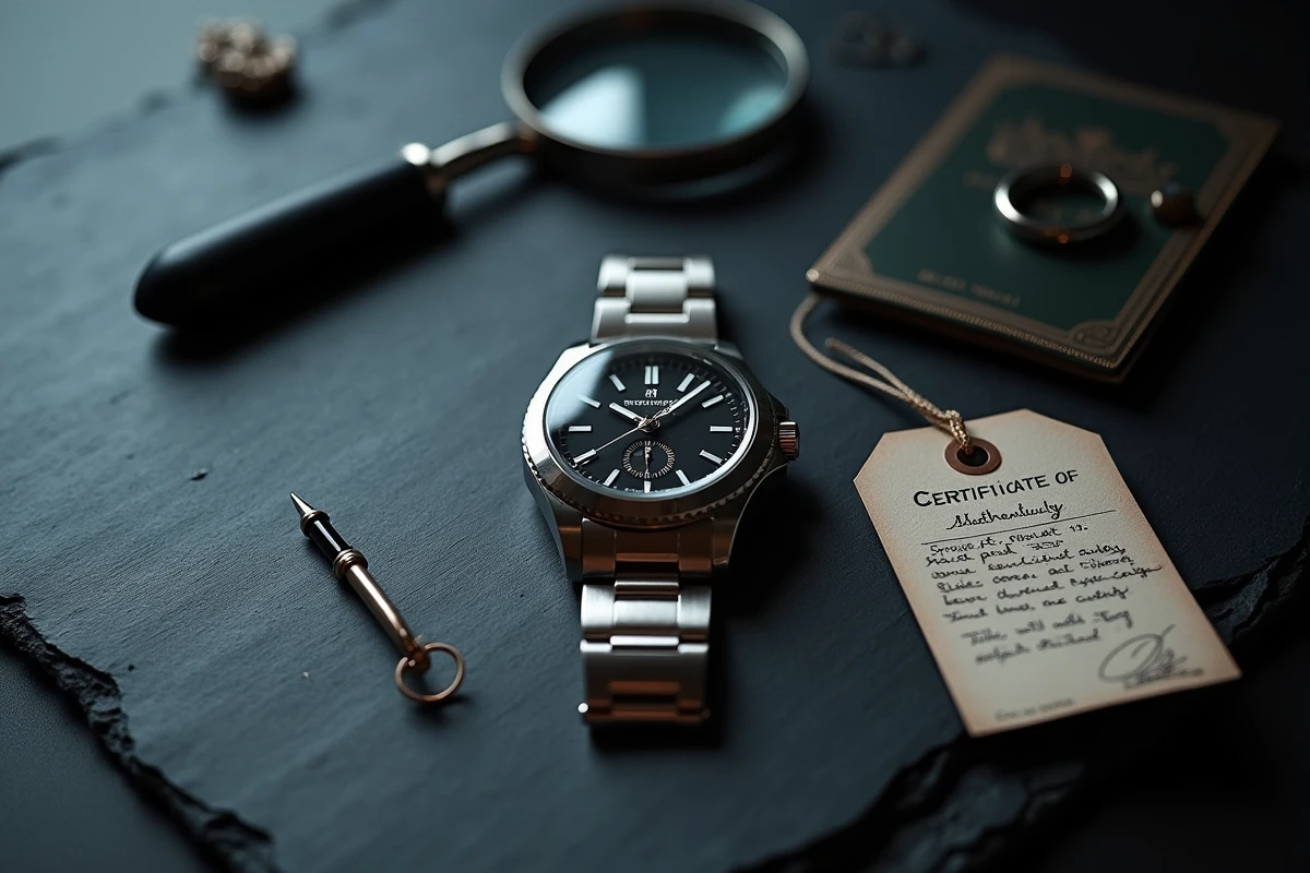 Flat lay d'une montre Rolex avec certificat d'authenticité et notes d'inspection sur ardoise