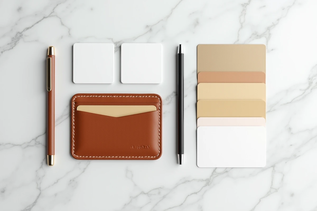Flat lay minimaliste d'un porte-carte en cuir tan avec cartes bancaires et cartes de visite organis&eacute;es sur marbre blanc