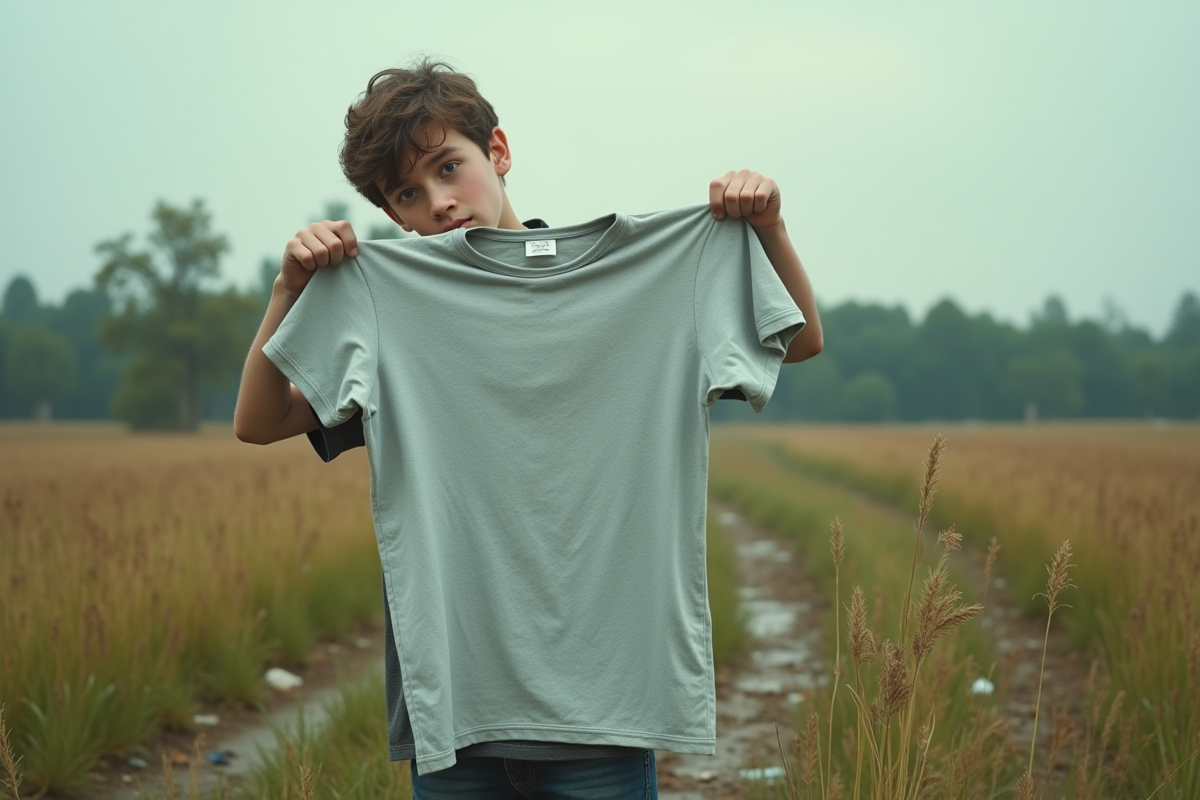 Adolescent examinant un t-shirt en polyester dans un champ