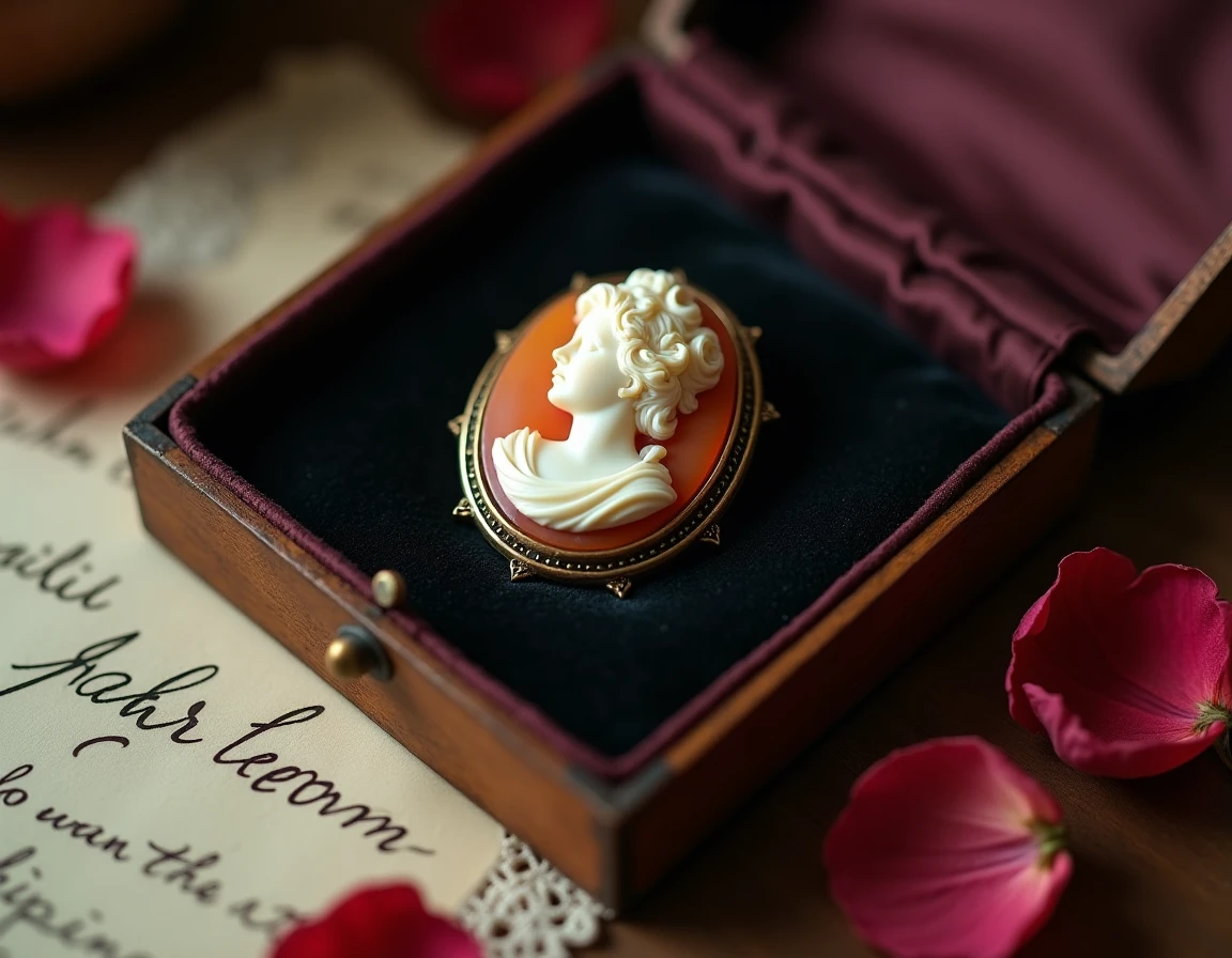 Gros plan d'un camée antique sculpté posé sur un plateau en velours avec des pétales de rose séchés et une note manuscrite