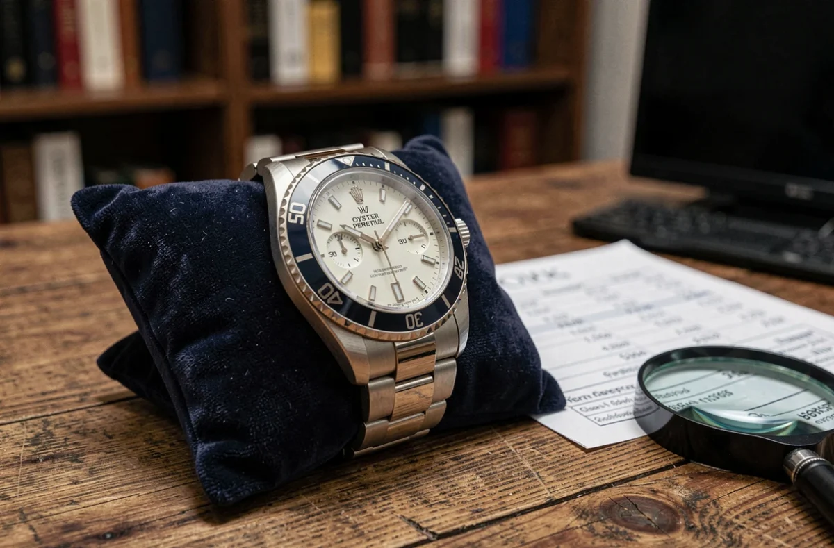 Gros plan d'une montre Rolex sur coussin en velours avec loupe et liste de prix lors d'une consultation horlogère