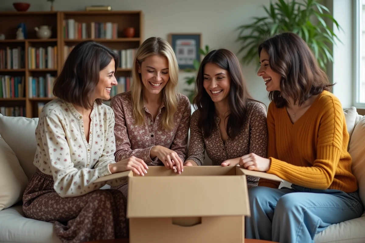 Femmes diverses d&eacute;ballant des v&ecirc;tements vintage dans un salon