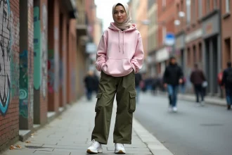 Jeune femme en hijab portant un style streetwear moderne avec hoodie oversize et cargo pants dans une rue urbaine