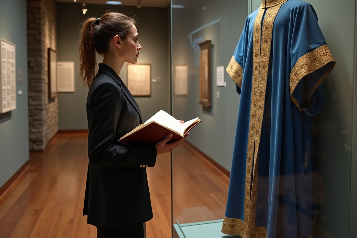 Jeune historienne avec un manteau royal bleu dans un musée