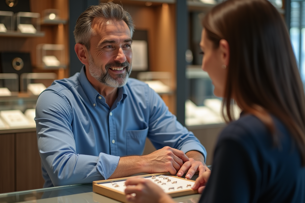 Homme discutant avec un bijoutier dans une boutique