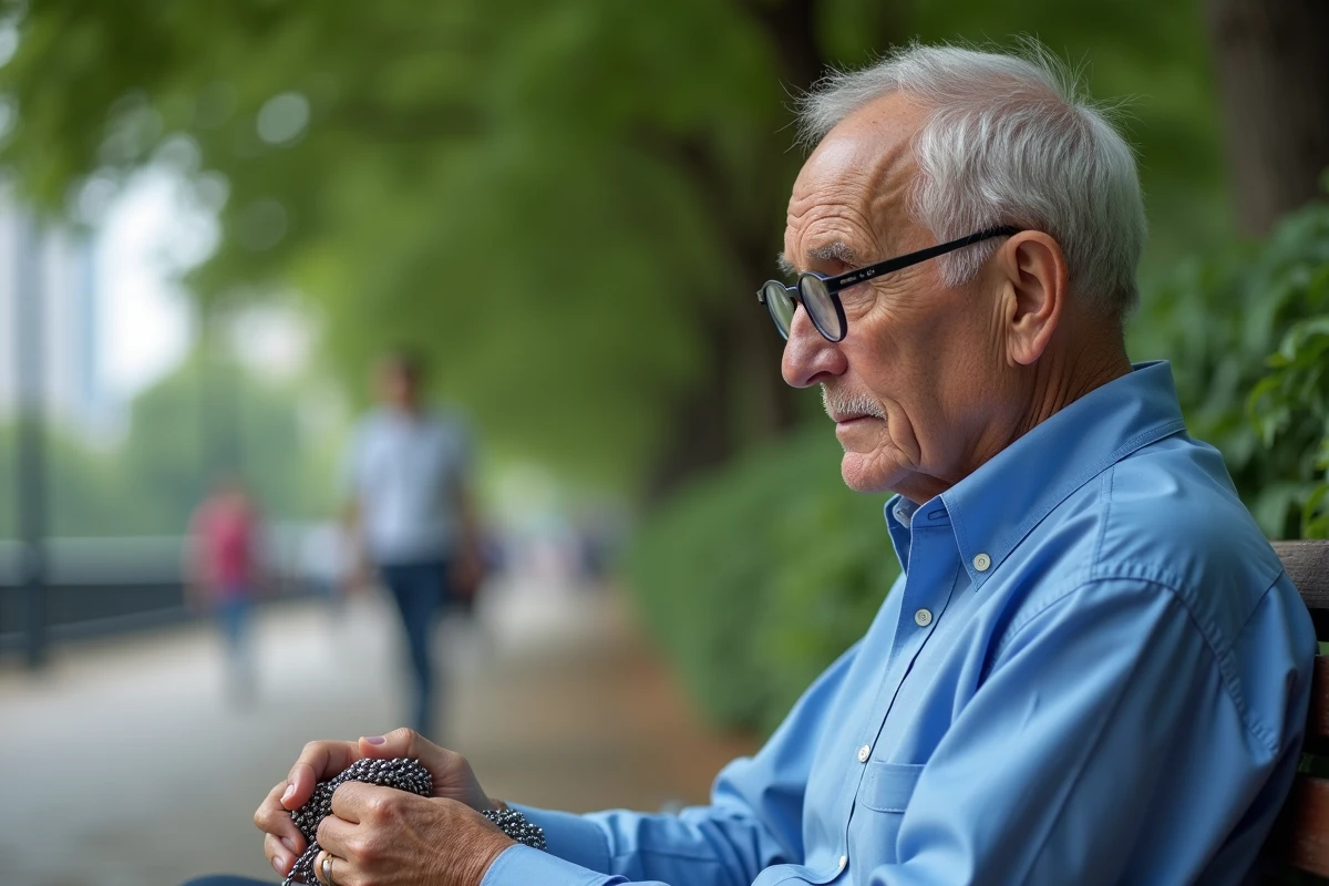 Homme âgé tenant un collier en argent dans un parc urbain
