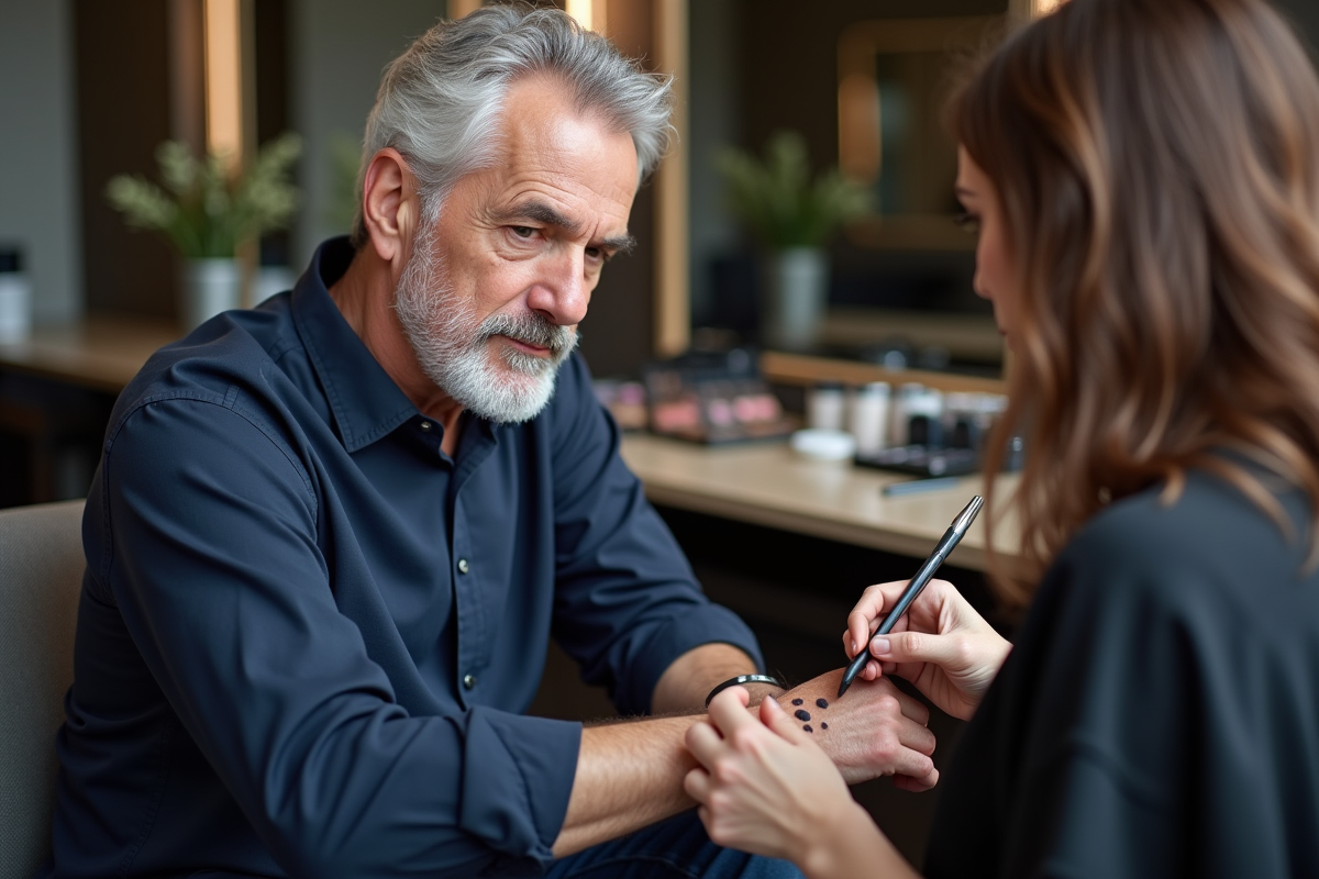 Homme en maquillage swatchs sur le bras dans un studio moderne