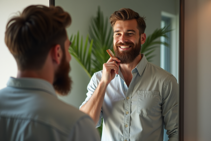 Homme souriant avec barbe soignee devant miroir de salle de bain