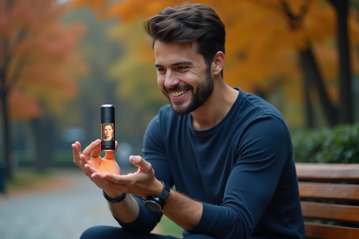 Homme projetant une image depuis un pendentif photo dans un parc automnal, expression de découverte et d'émotion douce