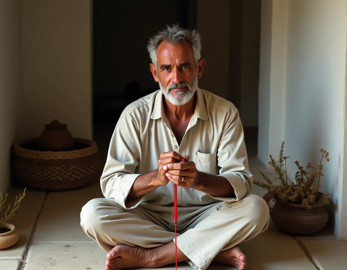 Homme adulte tenant un bracelet fil rouge à 7 nœuds dans ses mains lors d'un rituel de protection traditionnel